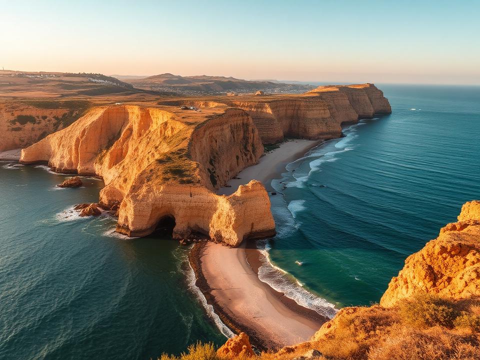 Goldene Klippen und türkisfarbenes Wasser an der Algarve in Portugal