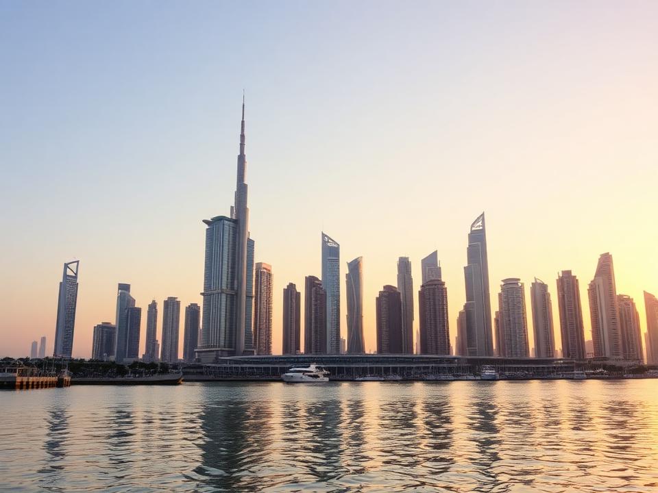 Skyline von Dubai bei Sonnenuntergang über der Marina