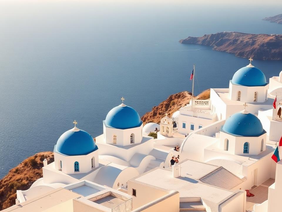 Weiße Häuser mit blauen Kuppeln in der griechischen Ägäis