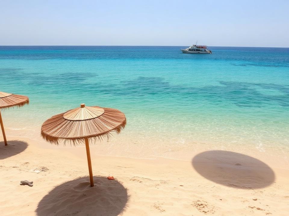 Strand mit Strohschirmen am Roten Meer in Hurghada in Ägypten