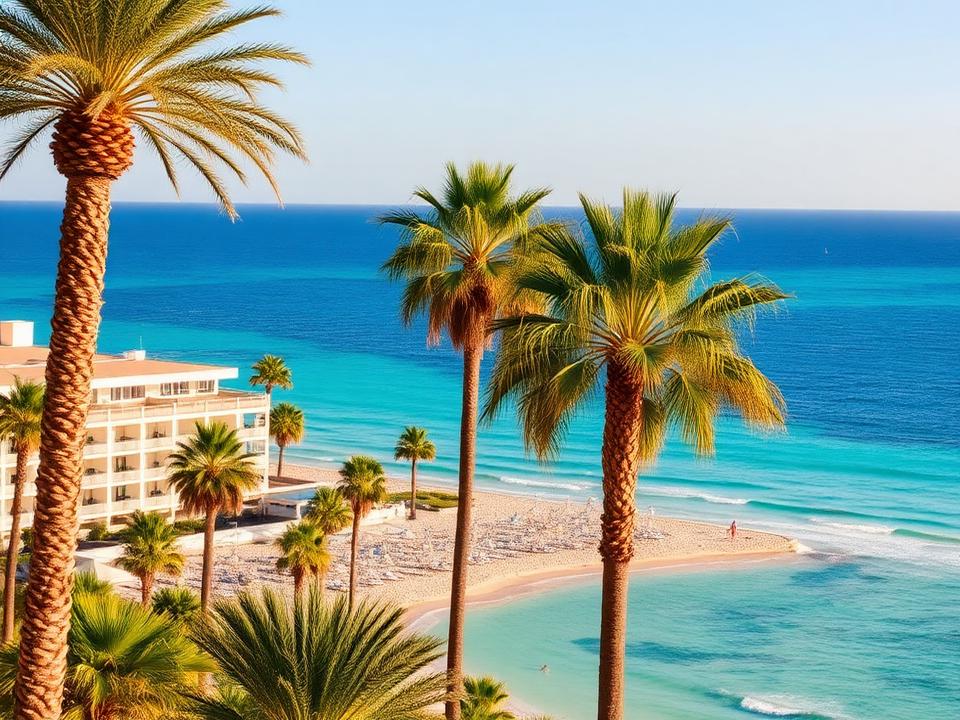 Strandhotel an der Playa de Palma auf Mallorca mit Palmen und türkisem Meer
