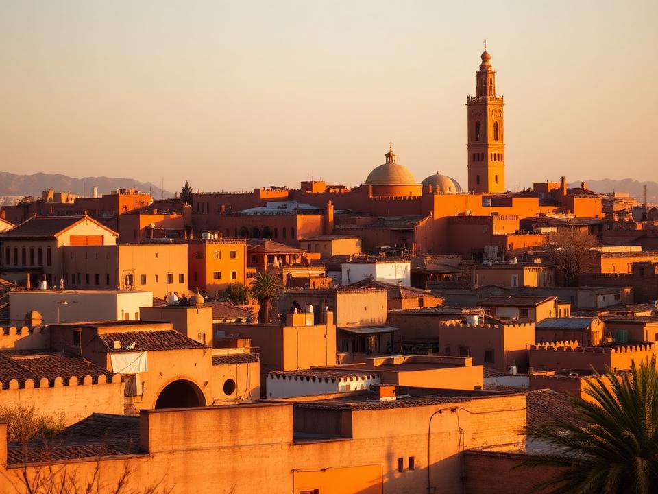 Altstadt von Marrakesch in Marokko mit Minarett im goldenen Abendlicht